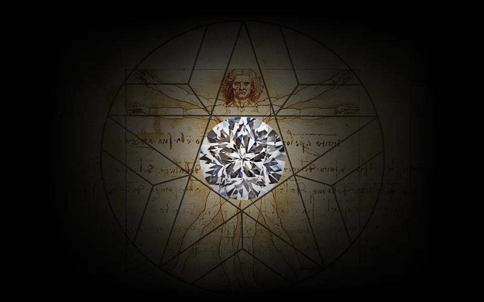 The Leonardo da Vinci diamond cut over a study of Vitruvian proportions