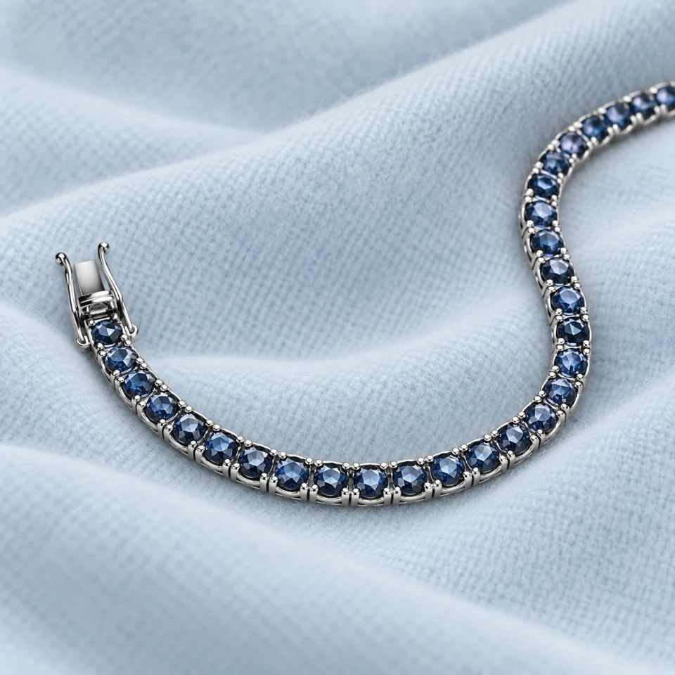 Coroné blue sapphire tennis bracelet and its clasp on pale ice-blue cashmere