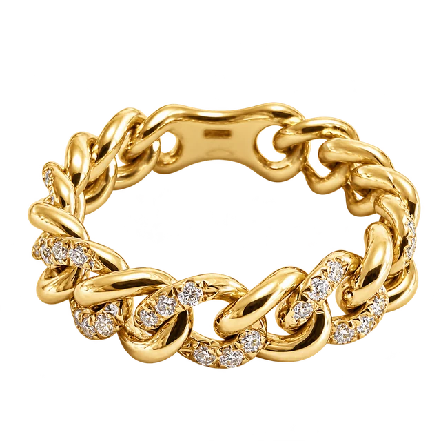 Liaison Yellow-Gold Ring with alternating polished and diamond-pavé curb links