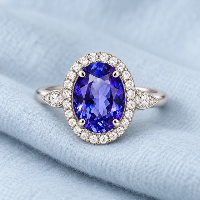 Luxury Oval Ring on softly folded pale ice-blue fabric