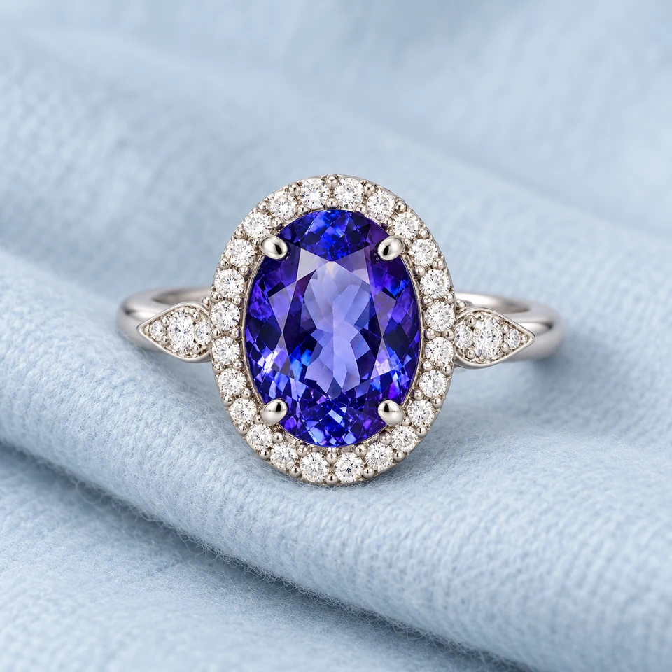 Luxury Oval Ring on softly folded pale ice-blue fabric
