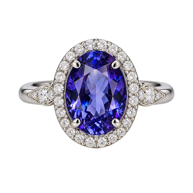 Luxury Oval Ring with a blue-violet centre, an oval diamond halo and leaf-shaped shoulders