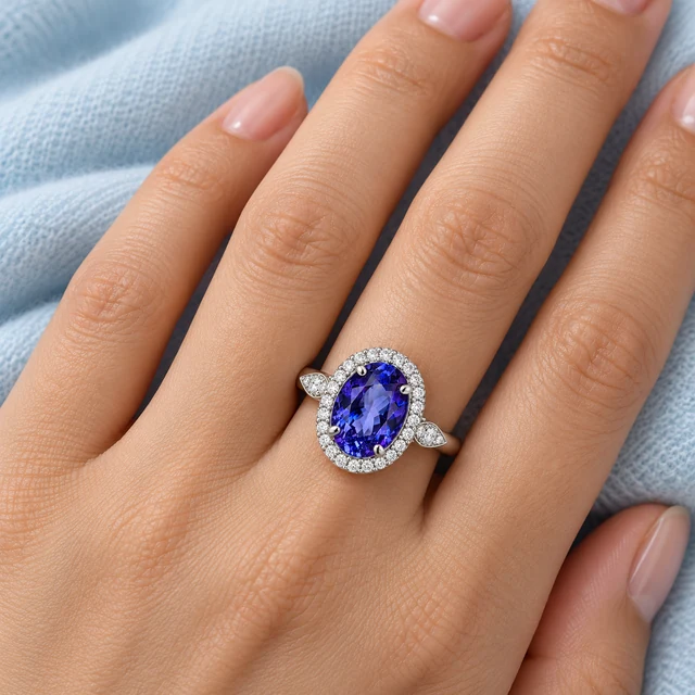 Luxury Oval Ring worn on a hand beside pale-blue fabric