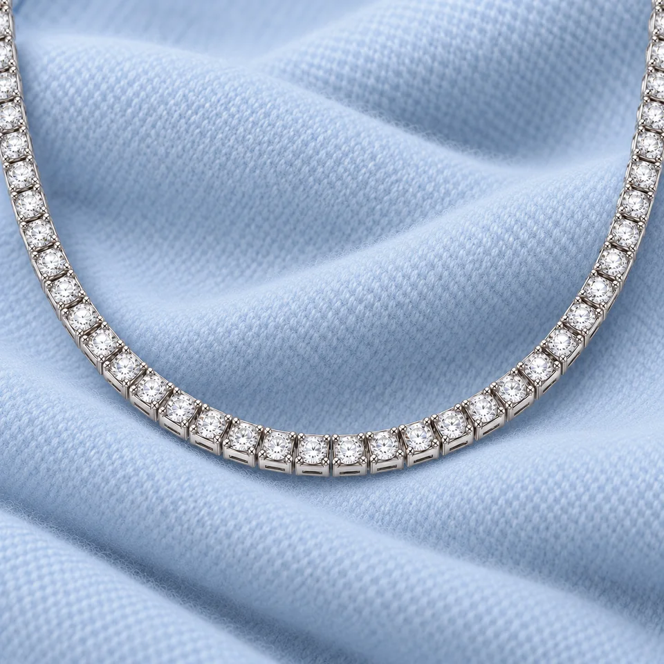 Piramide Diamond Necklace on softly folded pale ice-blue cashmere
