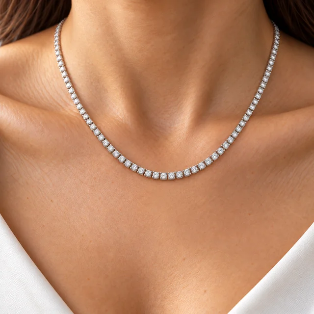 Piramide Diamond Necklace worn as a delicate diamond line along the collarbone