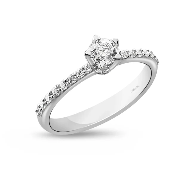 Royal Pavé solitaire ring with a round centre diamond, four pointed claws and pavé shoulders