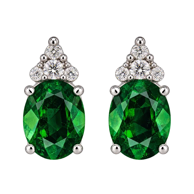 Sunflower Premium Chic Emerald Earrings with four-claw oval emeralds and triangular diamond clusters above