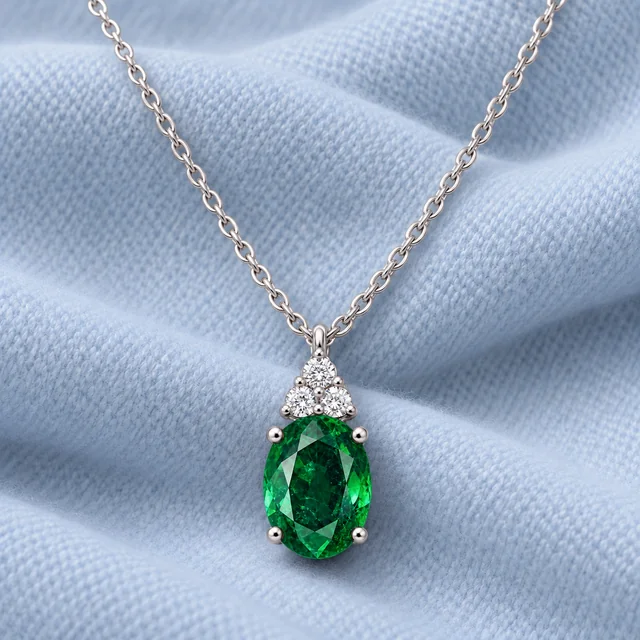Sunflower Premium Chic Emerald Pendant on softly folded pale ice-blue cashmere