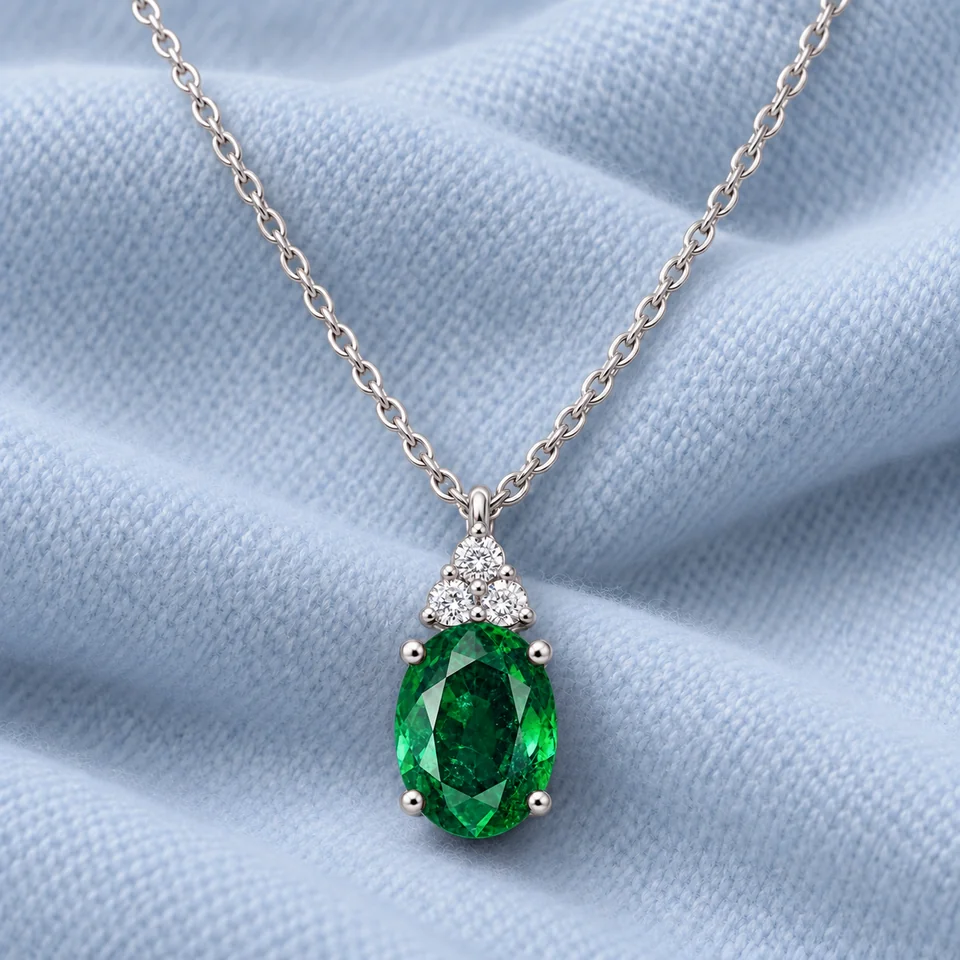 Sunflower Premium Chic Emerald Pendant on softly folded pale ice-blue cashmere