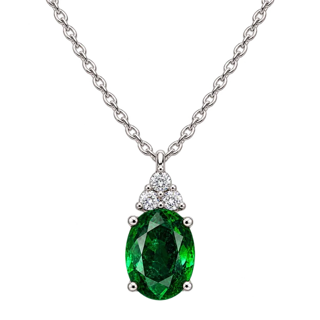 Sunflower Premium Chic Emerald Pendant with a four-claw oval emerald and a triangular diamond cluster above
