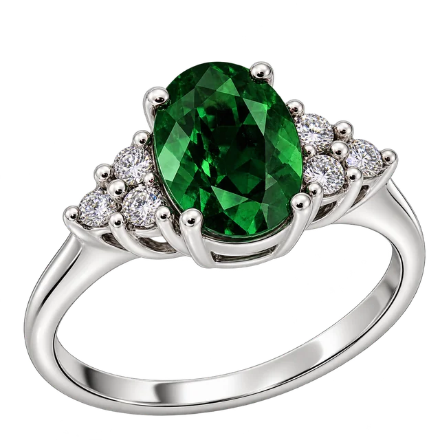 Sunflower Premium Chic Emerald Ring with a four-claw oval green emerald, compact diamond-set shoulders and a plain band
