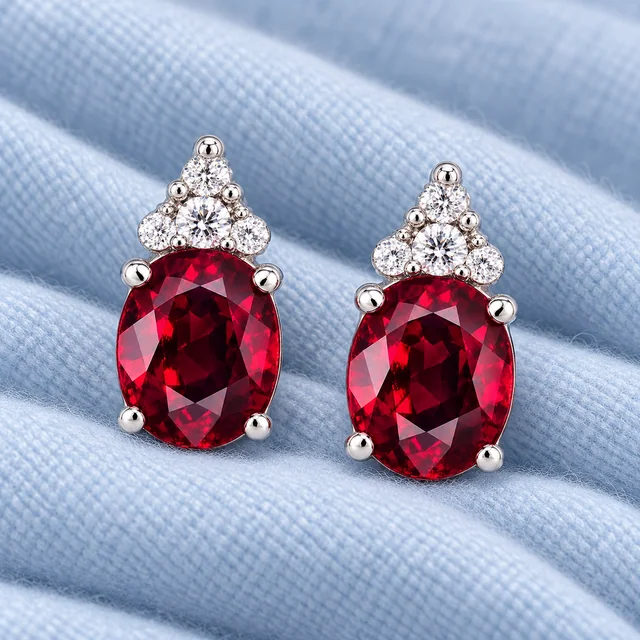 Sunflower Premium Chic Ruby Earrings on softly folded pale ice-blue cashmere