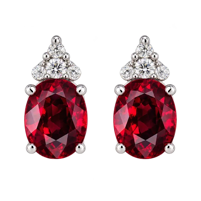 Sunflower Premium Chic Ruby Earrings with four-claw oval rubies and triangular diamond clusters above