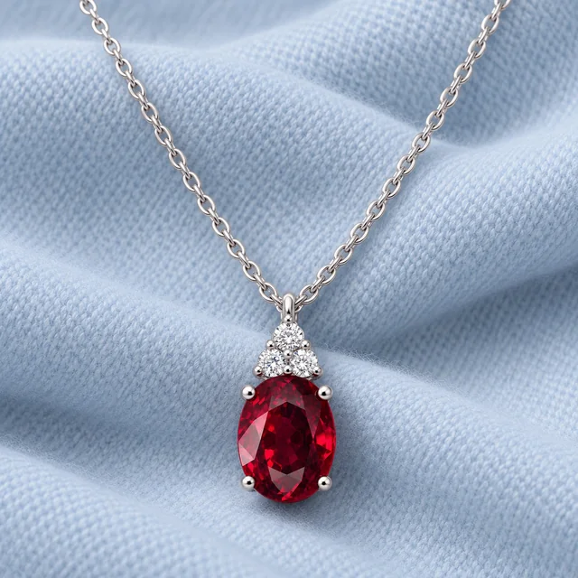 Sunflower Premium Chic Ruby Pendant on softly folded pale ice-blue cashmere