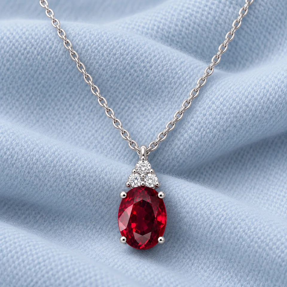 Sunflower Premium Chic Ruby Pendant on softly folded pale ice-blue cashmere