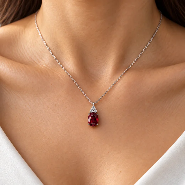 Sunflower Premium Chic Ruby Pendant worn at the collarbone with a delicate cable chain