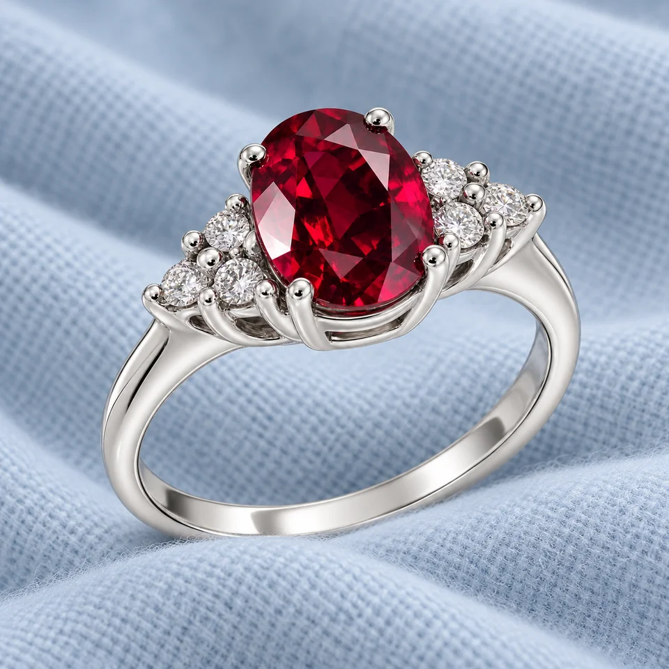Sunflower Premium Chic Ruby Ring on softly folded pale ice-blue cashmere