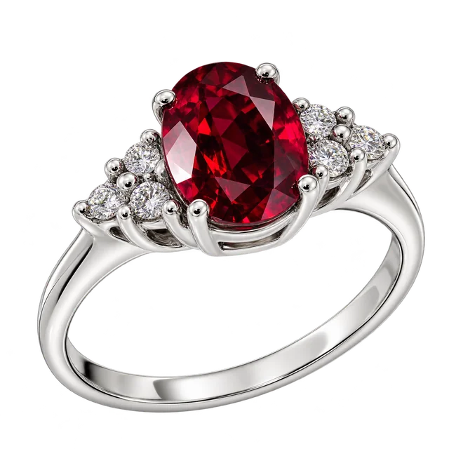 Sunflower Premium Chic Ruby Ring with a four-claw oval ruby and compact diamond clusters at the shoulders
