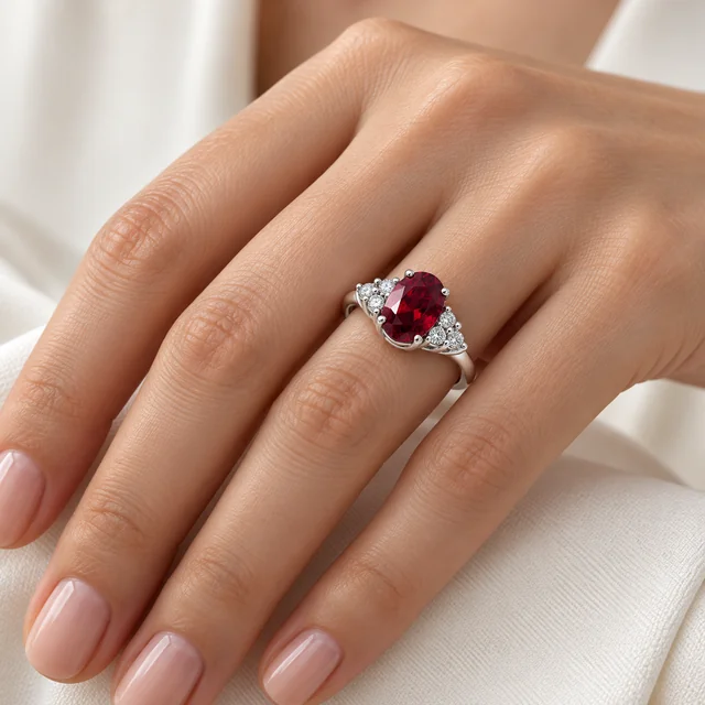 Sunflower Premium Chic Ruby Ring worn on a hand beside ivory fabric