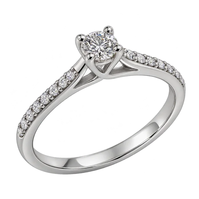 Unaza T Solitario Pavé me diamant qendror të rrumbullakët, të ngritur në katër kapëse me majë dhe anë pavé të holla