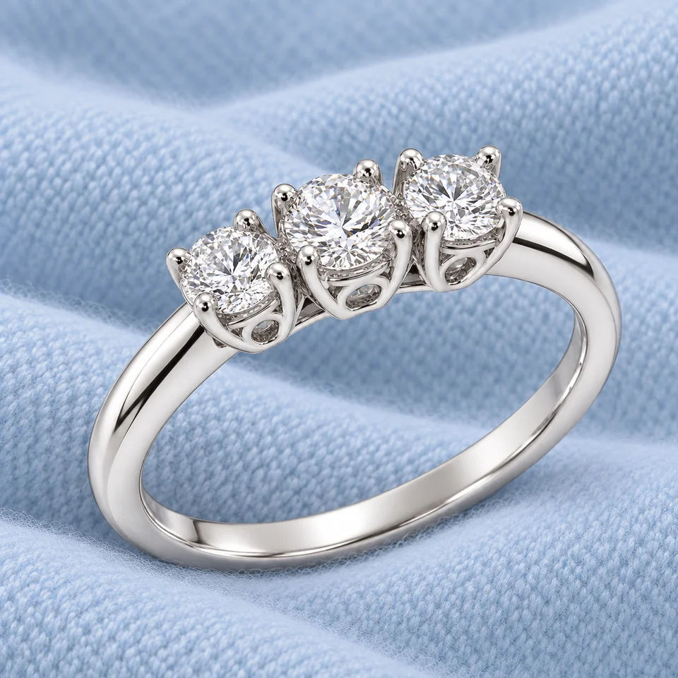 Trilogy Forever Ring on softly folded pale ice-blue cashmere