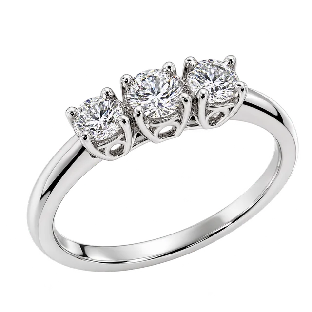 Trilogy Forever Ring with three round diamonds in raised open crown baskets on a plain band