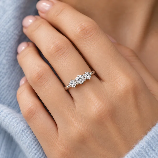 Trilogy Scalare Flower Ring worn on the ring finger beside pale-blue cashmere