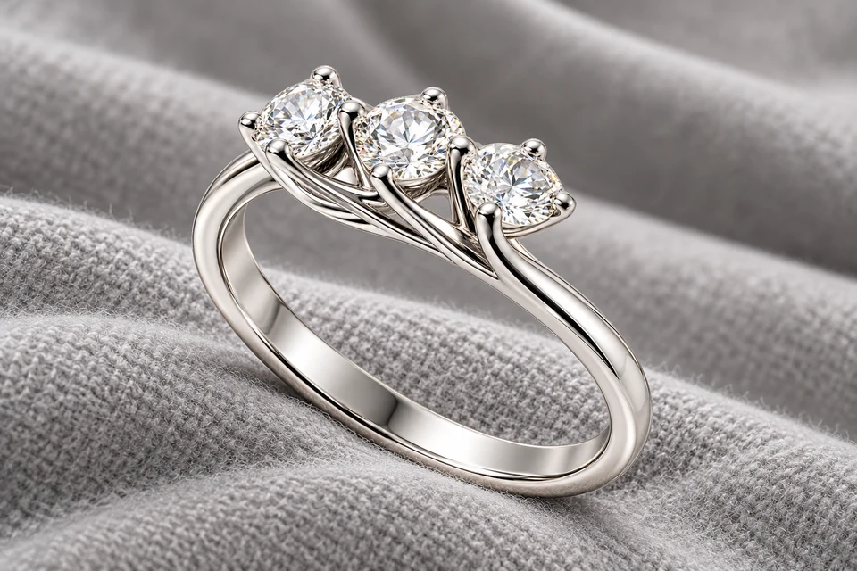 The Sear Three-Stone Ring on silver-grey fabric